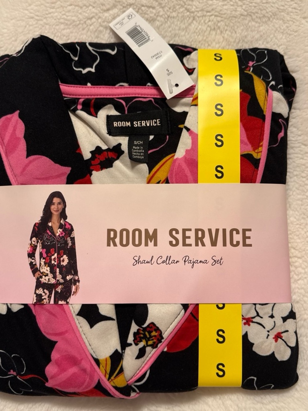 Room Service Women's Shawl Collar Pajama Set - Black with Pink Floral